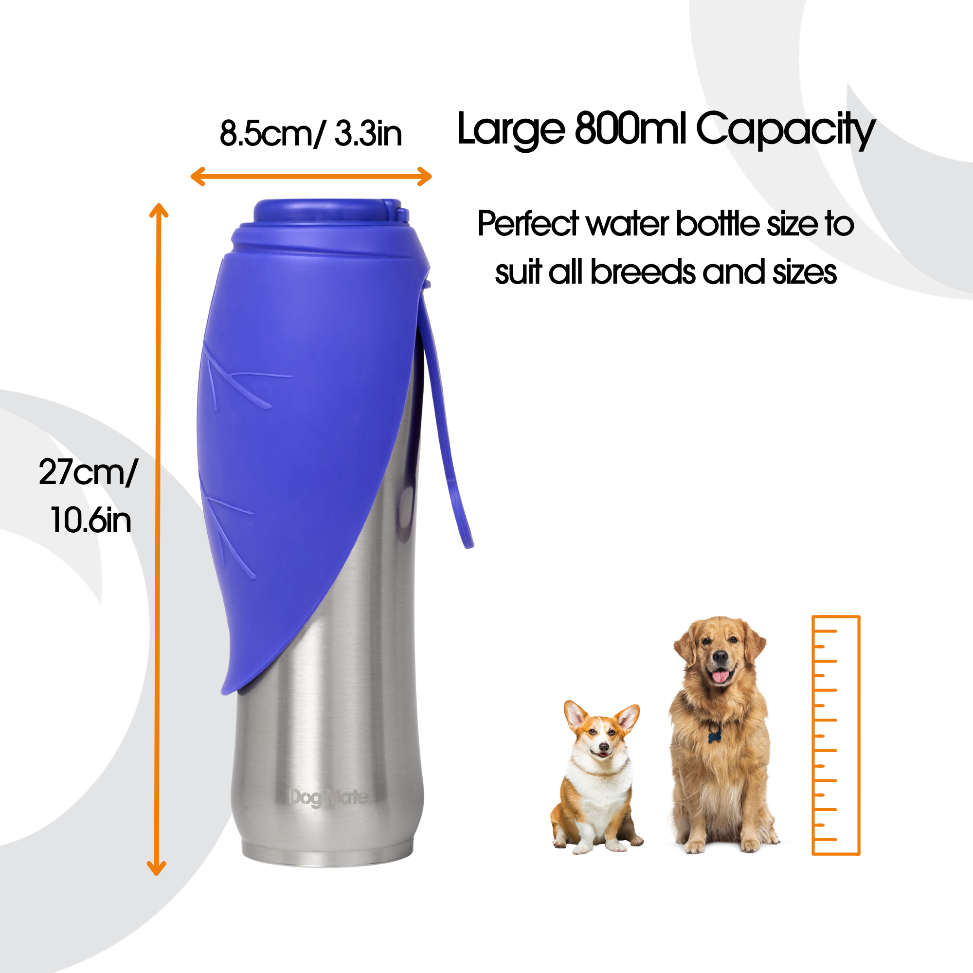 Infographic showing size of Dog Mate travel water flask at 27cm high and 8.5m wide