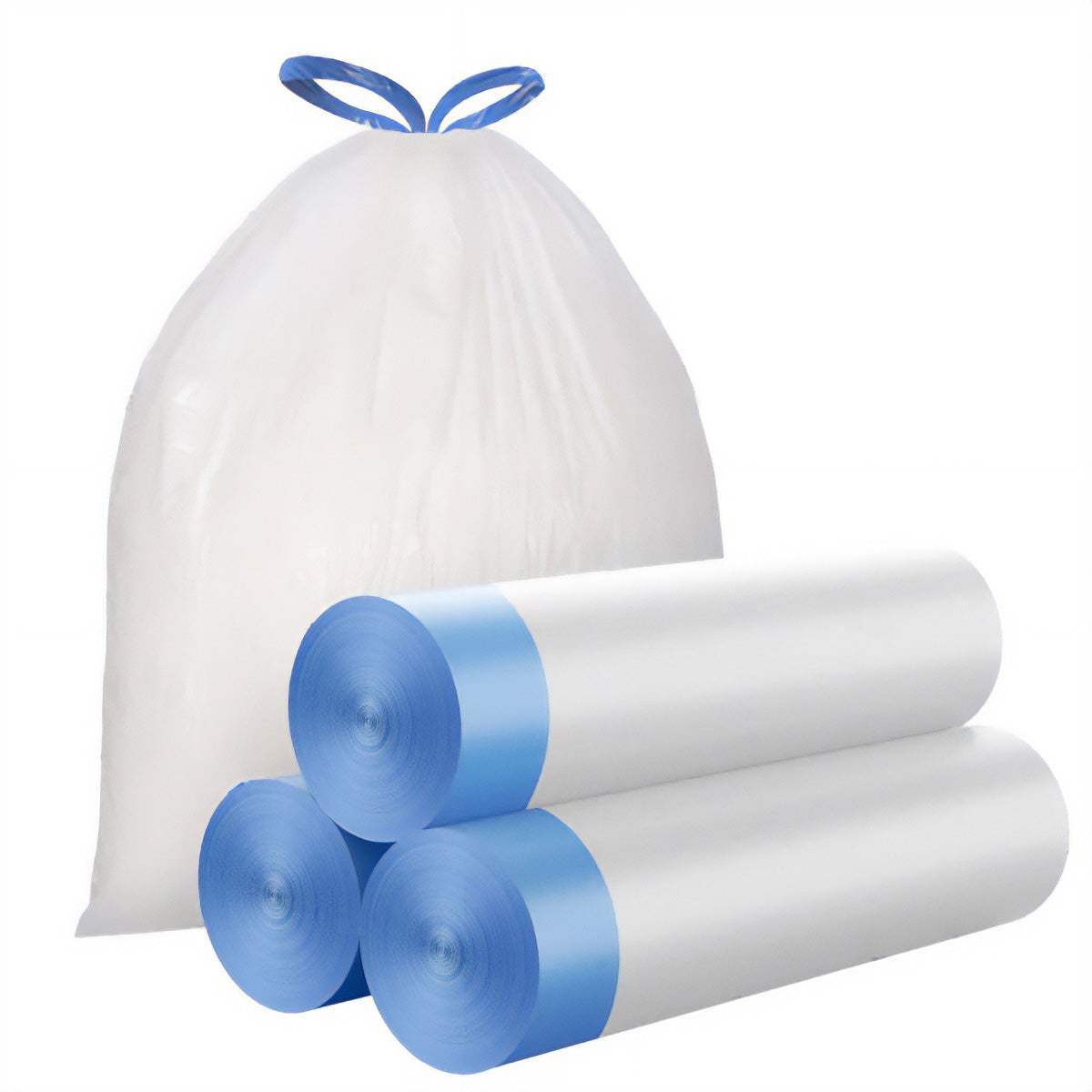 Spare white waste bags with blue handles and spare rolls which are compatible with the Closer Pets Smart Toilet, on a white background