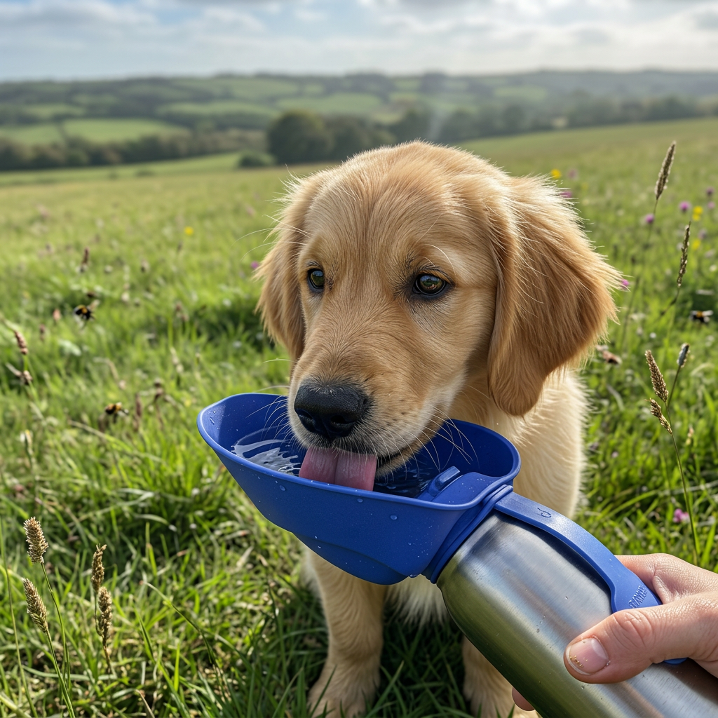 A golden retriever puppy in a field, drinking from a Dog Mate travel water flask