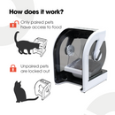 Infographic explaining how a microchip-activated pet feeder works. On the right side is a photo of a sleek, modern pet feeder with a transparent lid and enclosed feeding area. Text reads 'How does it work?' with two illustrated sections. The top section shows a silhouette of a cat eating from the feeder, labelle with an open padlock icon and the text: 'Only paired pets have access to food.' The bottom section shows another cat silhouette sitting in front of the feeder, labelled with a closed padlock icon