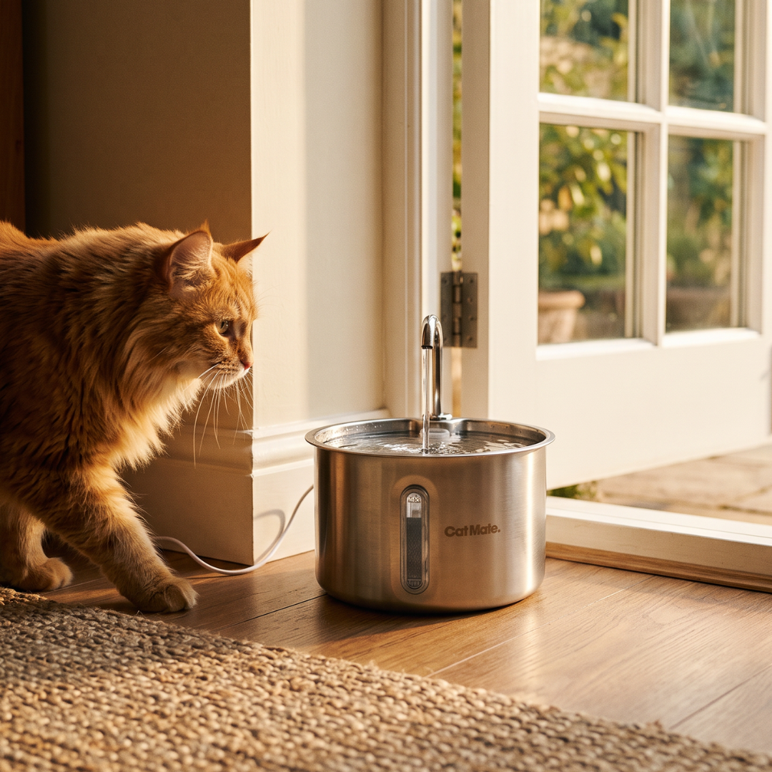 A fluffy orange cat stands beside a stainless steel Cat Mate corded water fountain on a wooden floor near a glass door, with warm sunlight streaming in from the outside.