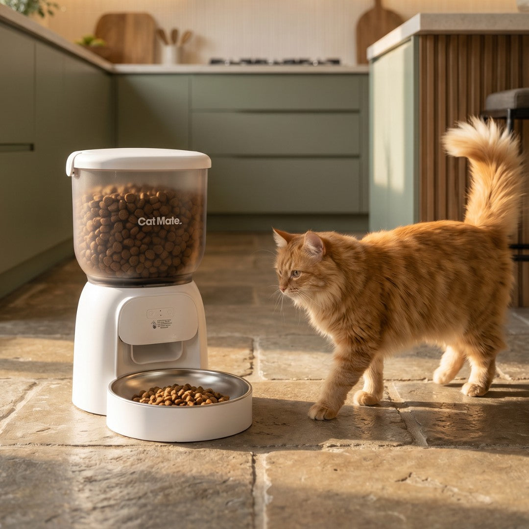 A fluffy orange cat stands beside a white automatic pet feeder made by Cat Mate, filled with dry cat food in a sunlit kitchen with stone tile floors and sage green cabinets.