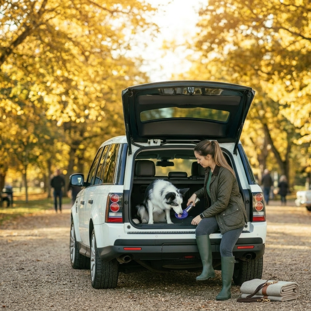 Woman with a dog in the back of a white SUV in a park during autumn.The dog is drinking from a dog mate travel flask.