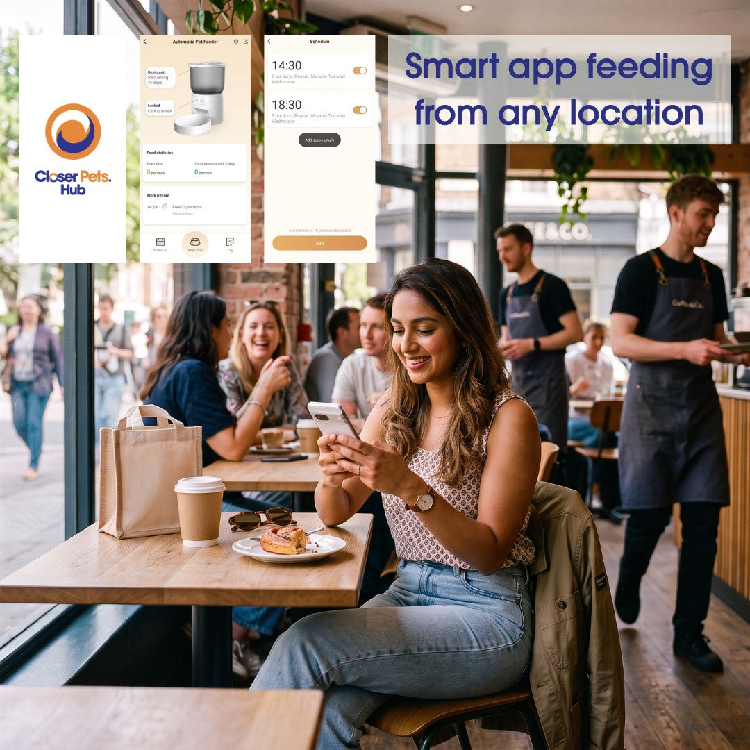 A woman in a cafe sits at a table using her smartphone, with overlaid screenshots of the Closer Pets feeding app and the text 'Smart app feeding from any location.' The scene includes café staff, other seated customers, coffee cups, and a shopping bag, showing a real-world environment and digital app interface.