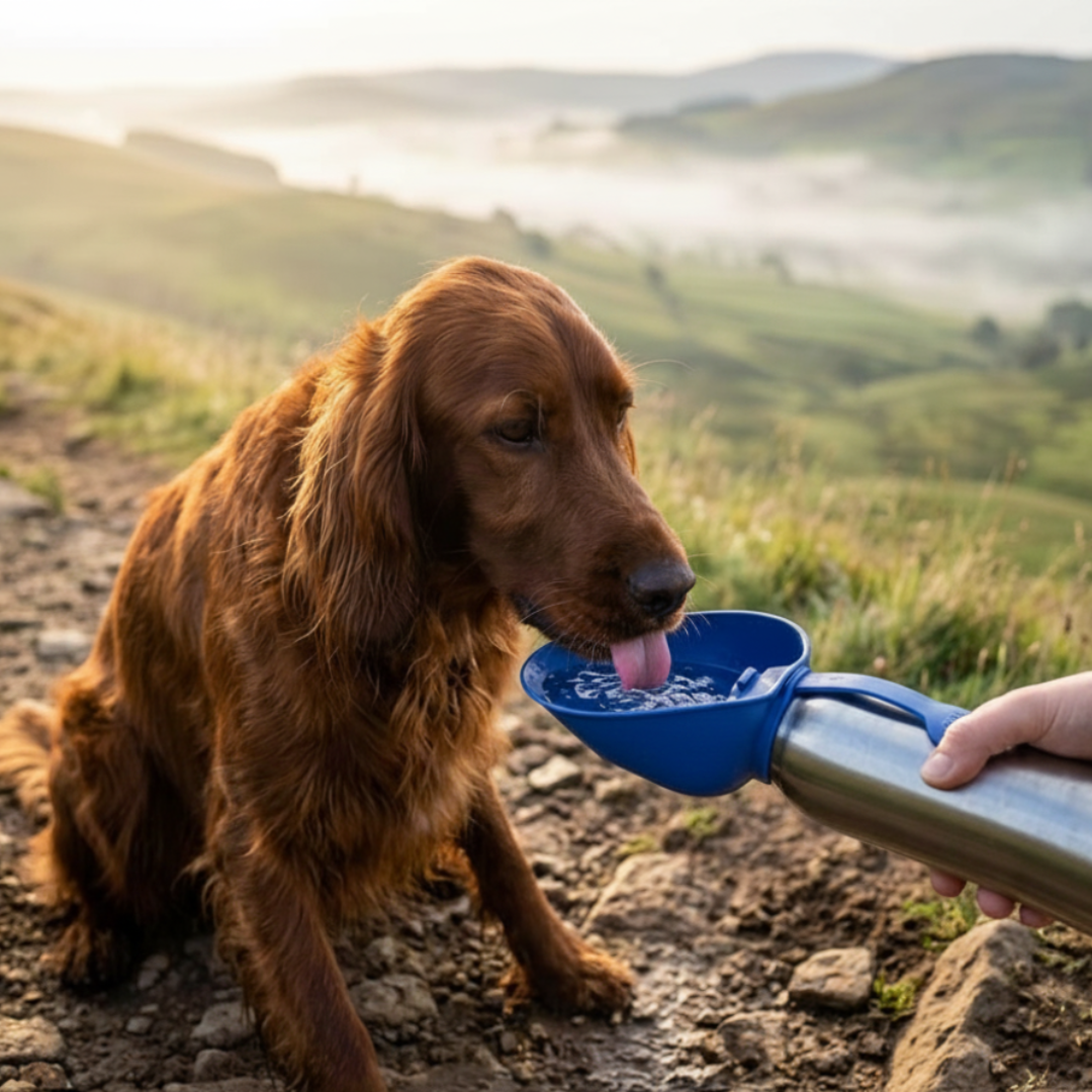 Irish Setter dog drinking from a Dog Mate blue water bottle held by a person in a scenic outdoor setting.