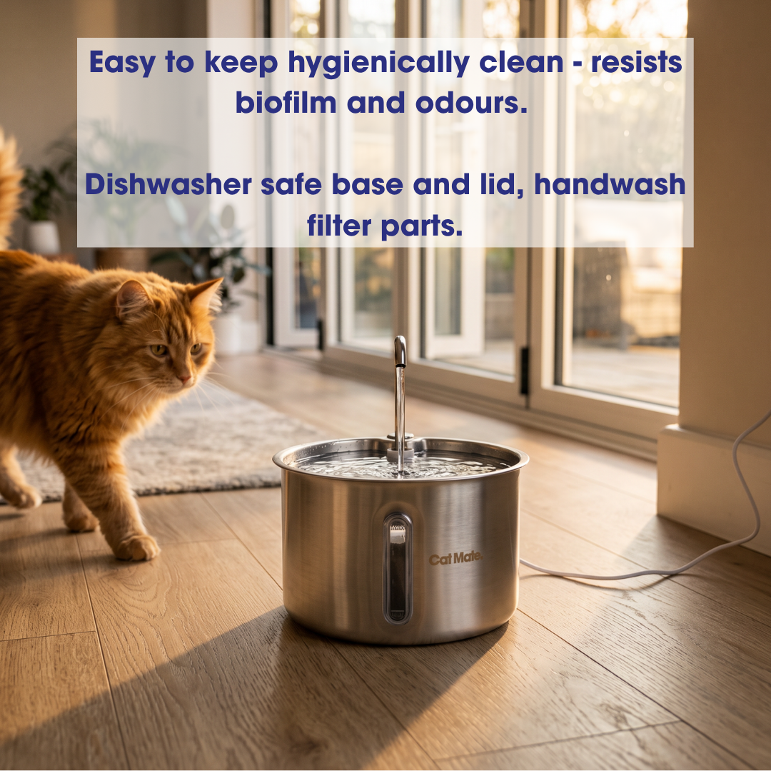 Cat Mate stainless steel pet water fountain with a raised spout and visible water level, sitting on a wooden floor. Text overlay highlights key features: hygienically clean design that resists biofilm and odours, plus a dishwasher-safe base and lid with handwash filter parts.