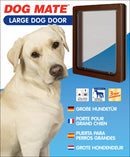 Packaging for DOG MATE Large Dog Door featuring a photo of a yellow Labrador Retriever on the left and the brown-framed dog door on the right. The product is labeled 'Large Dog Door' and highlights include a 2-way locking security panel, suitability for cats and dogs up to 630mm (25") shoulder height, and a 3-year guarantee. Product descriptions are provided in German, French, Spanish, and Dutch.