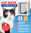 Packing for the Cat Mate Lockable Cat Flap, featuring a close-up of a calico cat on the left and a white-framed cat flap with a clear flap door on the right. The product offers 2-way locking and fits doors up to 50mm (2") thick. Text highlights key features: secure locks, unbreakable flap, weather-proof, and draft-proof. A red badge indicates a 3-year guarantee. Multilingual product descriptions are shown in German, French, Spanish, and Dutch.