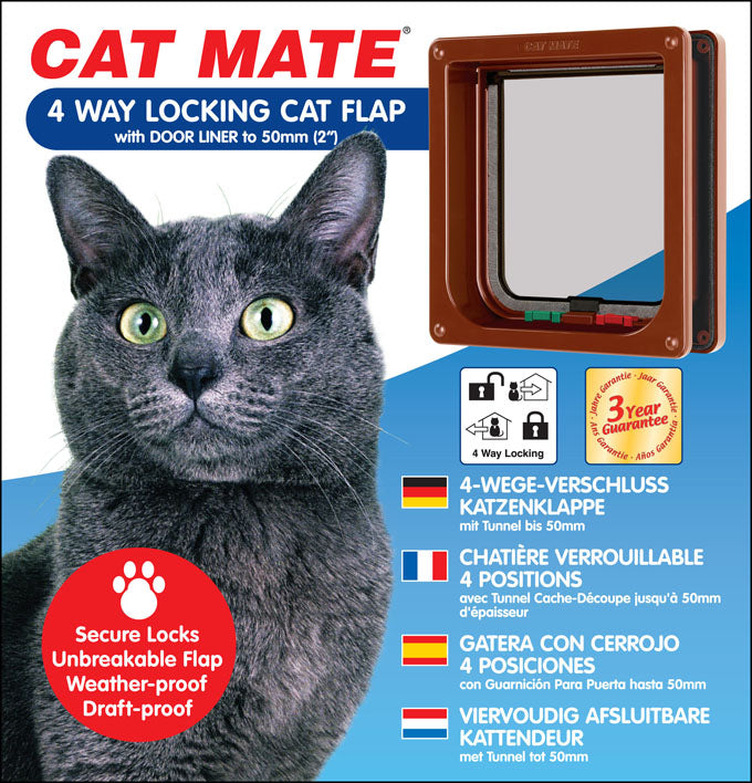 Infographic for the Cat Mate 4 Way Locking Cat Flap with a brown frame and clear flap door, shown on the right side. On the left, a close-up of a gray cat with green eyes. The product includes a 3-year guarantee and fits doors up to 50mm (2") thick. A red circular badge highlights features: secure locks, unbreakable flap, weather-proof, and draft-proof. Text in four languages (German, French, Spanish, Dutch) describes the product as a 4-way locking cat flap.