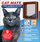 Infographic for the Cat Mate 4 Way Locking Cat Flap with a brown frame and clear flap door, shown on the right side. On the left, a close-up of a gray cat with green eyes. The product includes a 3-year guarantee and fits doors up to 50mm (2") thick. A red circular badge highlights features: secure locks, unbreakable flap, weather-proof, and draft-proof. Text in four languages (German, French, Spanish, Dutch) describes the product as a 4-way locking cat flap.