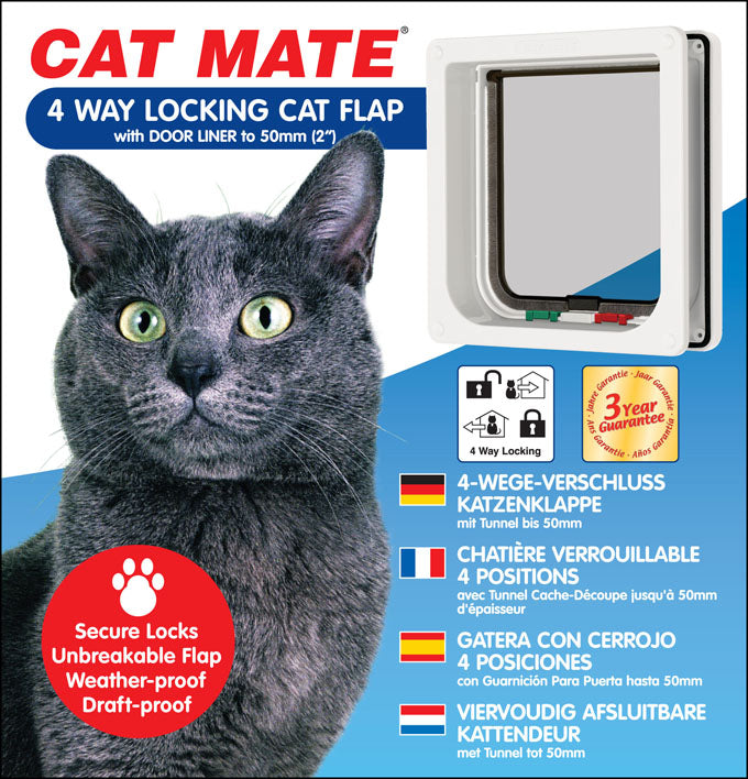 Packaging for the Cat Mate 4-Way Locking Cat Flap with door liner for up to 50mm (2 inches). The image features a grey cat on the left and a white cat flap with locking controls on the right. Icons indicate the flap has 4 locking positions. A red badge highlights features such as 'Secure Locks', 'Unbreakable Flap', 'Weather-proof', and 'Draft-proof'. The product includes a 3-year guarantee badge and multilingual descriptions in German, French, Spanish, and Dutch.