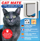 Packaging for the Cat Mate 4-Way Locking Cat Flap with door liner for up to 50mm (2 inches). The image features a grey cat on the left and a white cat flap with locking controls on the right. Icons indicate the flap has 4 locking positions. A red badge highlights features such as 'Secure Locks', 'Unbreakable Flap', 'Weather-proof', and 'Draft-proof'. The product includes a 3-year guarantee badge and multilingual descriptions in German, French, Spanish, and Dutch.