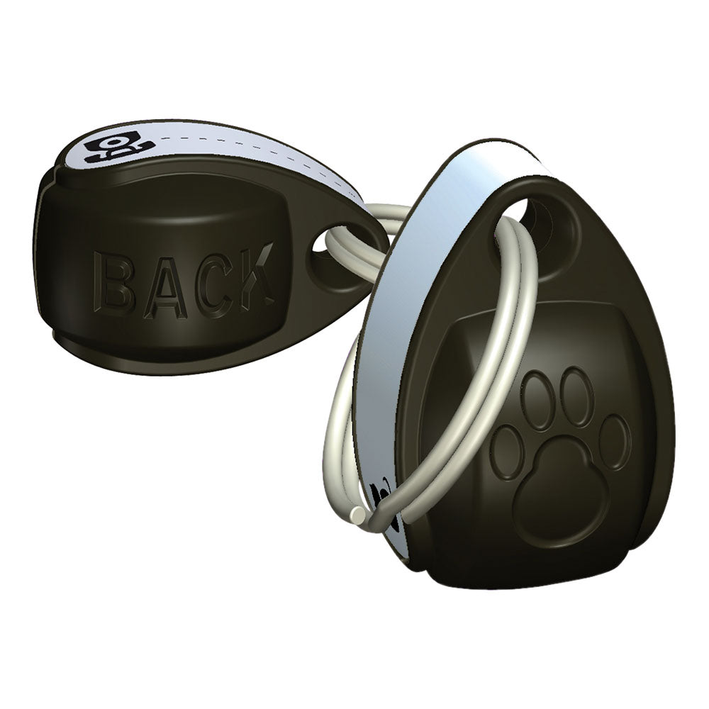 Two black cat collar magnets with silver O-rings and a paw print design on the front.