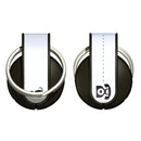 Two black cat collar magnets with silver O-rings and a paper strip attached for owners to write their phone number and other details on the magnetic ID tag, on a white background 