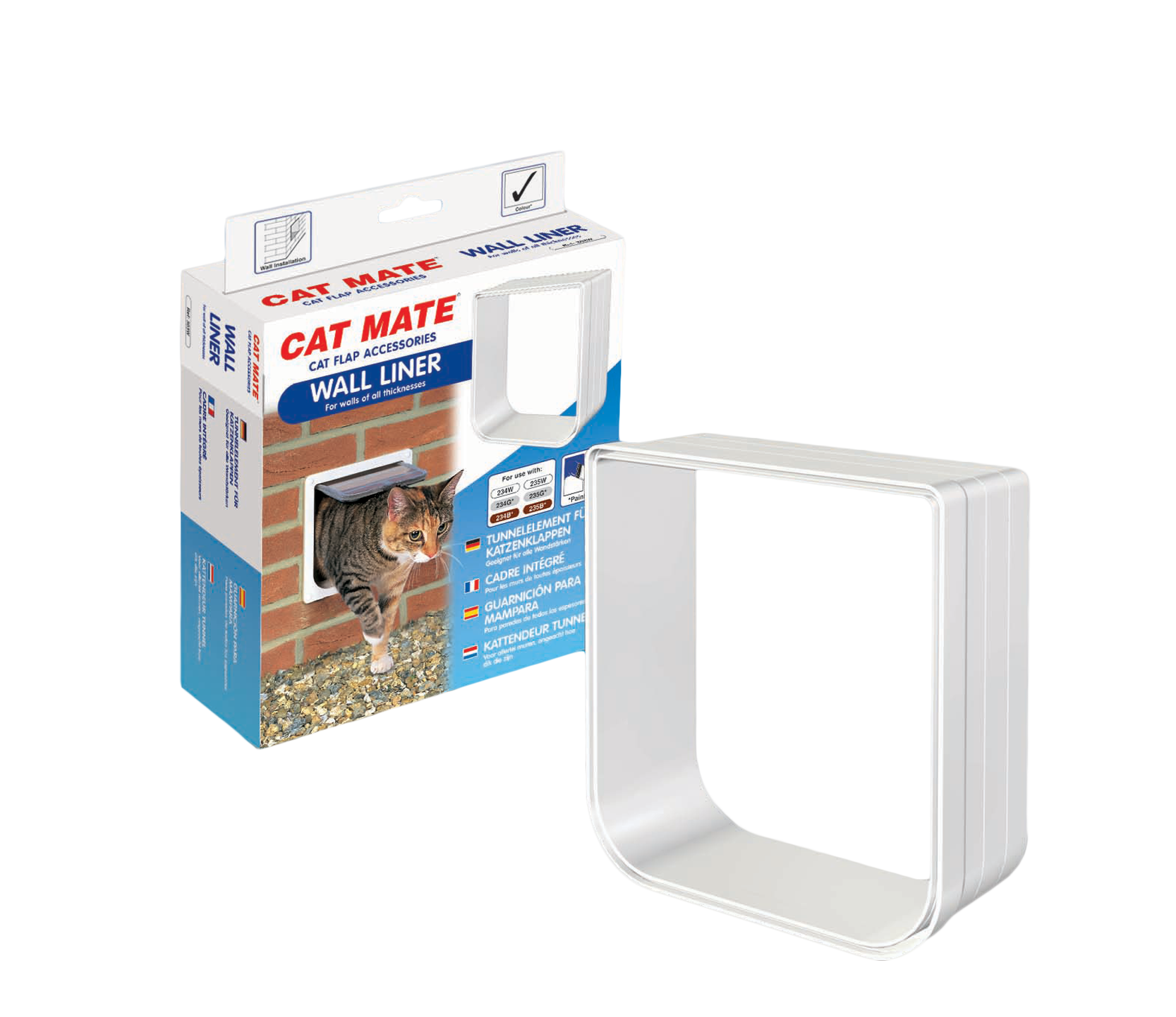 A single white Cat Mate wall liner in front of a packaging box for the product, on a clear background 