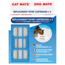 Product packaging for Cat Mate and Dog Mate replacement filter cartridges. The front of the box shows two filter cartridges inside a blue plastic casing, labelled for use with Cat Mate and Dog Mate pet fountains. A round image on the right side shows a tabby cat drinking from a white Cat Mate water fountain. The packaging text includes translations in German, French, Spanish, and Dutch, each stating that the box contains two replacement filter cartridges.