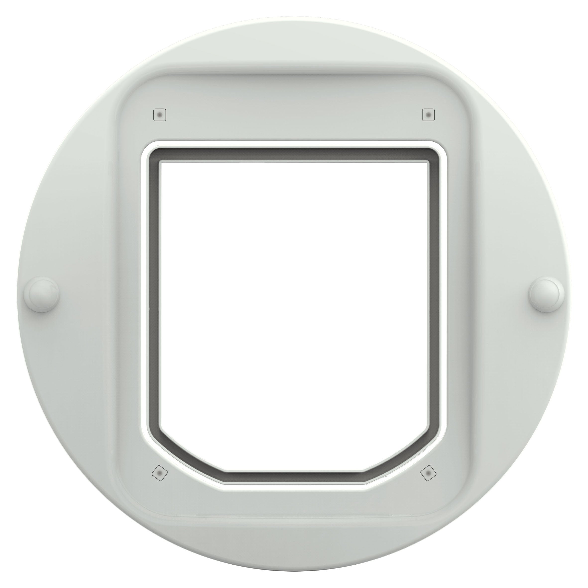 A front view of the cat flap surrounded by the attached adapter kit 