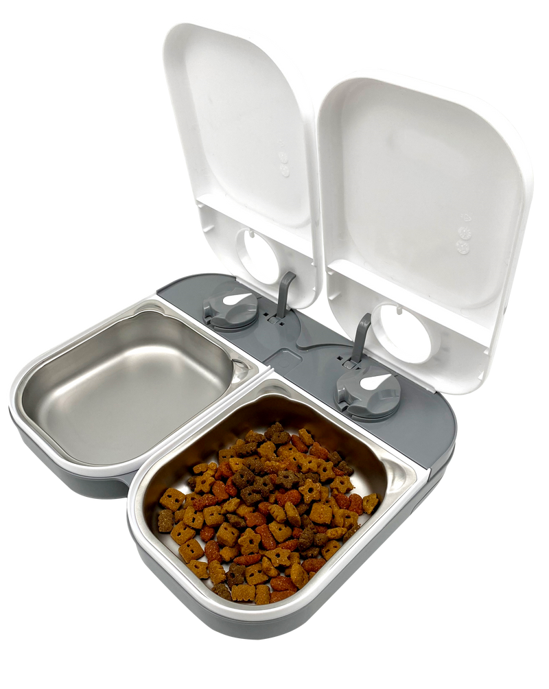 Comedero automático para mascotas de dos comidas con recipientes de acero inoxidable (C200)