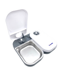 Automatic pet feeder with two compartments and stainless steel bowls with quartz timers, in white and grey