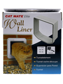 Product packaging for the 'CAT MATE Elite Wall Liner.' The box features an image of a wall liner piece and a photo of a fluffy orange cat exiting through a cat flap installed in a brick wall. Text indicates compatibility with models Ref: 305 and Ref: 355, and the liner is labelled as paintable. The product name is written in multiple languages: 'Tun­nelelement' (DE), 'Tunnel cache-découpe' (FR), 'Guarnición para Pared' (ES), and 'Tunnel' (NL)