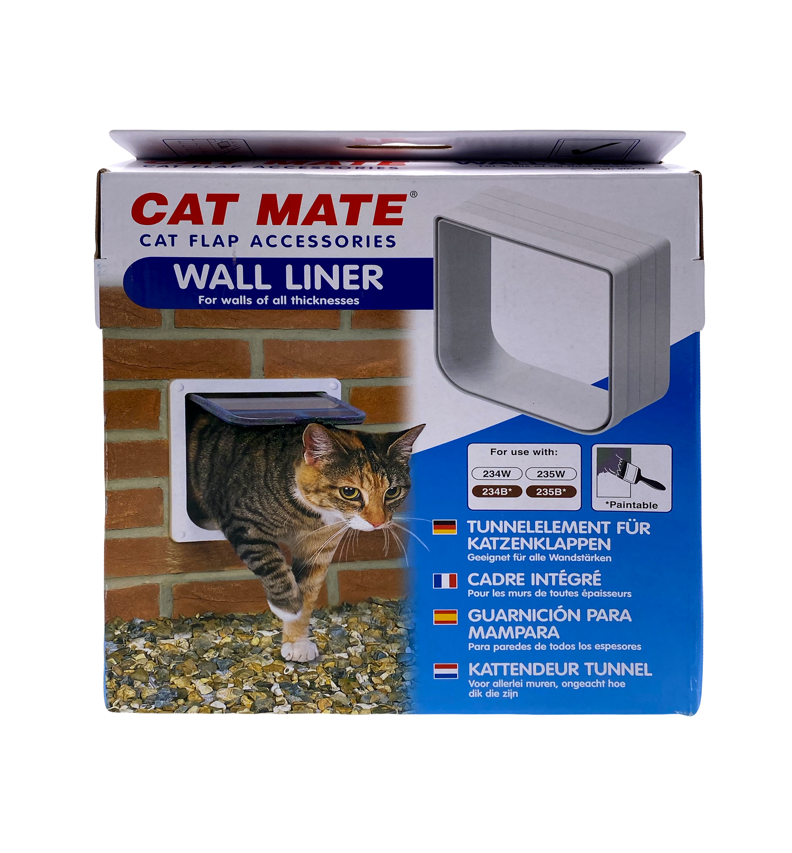 Retail packaging for Cat Mate Wall Liner. The box features a product image of a white wall liner for cat flaps, labelled 'For walls of all thicknesses.' A photo on the left shows a tabby cat exiting through a wall-mounted cat flap installed with the liner. The product is compatible with Cat Mate models 234W, 235W, 234B, and 235B. Text on the box is in multiple languages including German, French, Spanish, and Dutch. A paintbrush icon with the word 'Paintable' indicates the liner can be painted. 