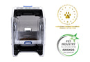 Front view of an enclosed pet feeder with a bowl of food inside, shown alongside two award badges: the 2022 Pet Innovation Award for Electronic Feeders/Waterers Product of the Year and the Pet Industry Federation Awards 2022 Finalist badge.